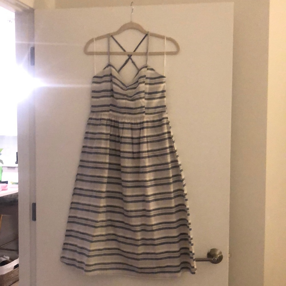 Grey blue white striped sweetheart dress with pockets, NWT